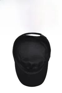 Detail of black military flat top hat featuring breathable mesh lining and adjustable strap
