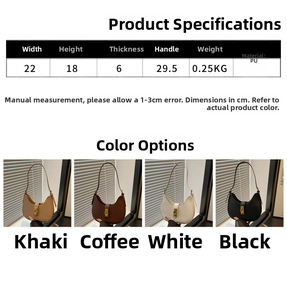 Detailed size specifications for the PU leather baguette bag showing dimensions and colors