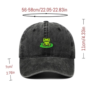 Close-up of frog embroidery on washed grey baseball cap showing dimension measurements