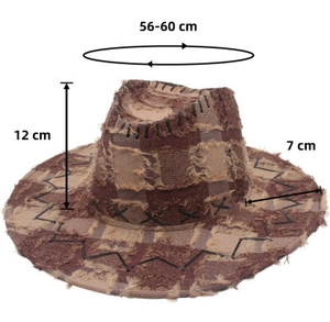 Detailed size map of vintage patchwork cowboy hat with 56-60cm circumference and wide brim