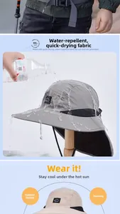 Close-up showing water-repellent quick-dry fabric effect on wide brim sun hat
