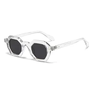 Polygonal clear frame sunglasses with black lenses and metal rivet details for outdoors