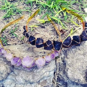Handmade amethyst and black quartz crown headbands with golden wire for wedding gift