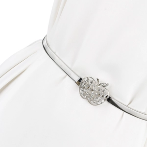 Détail de la ceinture en métal argenté avec une boucle en forme de pomme sertie de strass