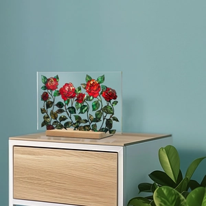 Artistic acrylic flower plaque with red rose and wooden base for desktop decor