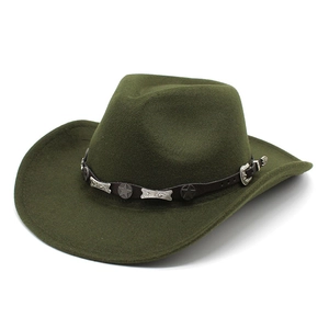 Detail of army green wool felt cowboy hat with star-studded brown leather band