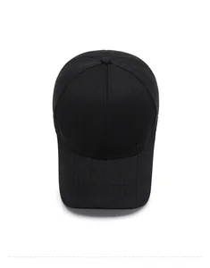 Top down view of black striped fabric baseball cap with silver metal fashion detail