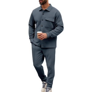 Men's grey-blue slim fit casual knit twill jacket and trousers two-piece set