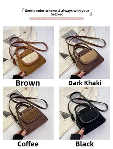 Detail showing plush faux fur trim on elegant handheld square bags in four colors