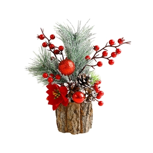 Mini Christmas tree ornament with pine needles, red berries and natural wood base