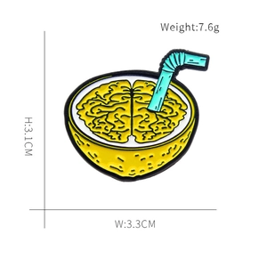 Detailed size view of creative brain lemon enamel pin badge with weight and dimension data