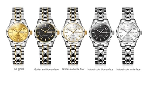 Five styles of diamond-cut metal watches with dual calendar display on white background