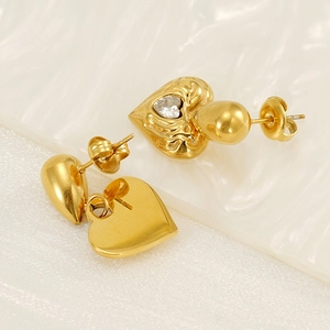 18k gold plated stainless steel heart earrings with hammered texture and zircon detail