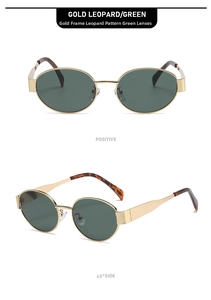 Macro view of oval gold frames with dark green lenses and tortoiseshell patterned temples