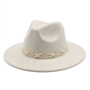 Flat brim wool fedora hat in off-white with bohemian leather band detailing