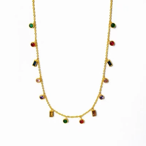18K gold plated titanium necklace featuring colorful tassel zircon stones on white background