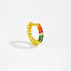 Detailed macro view of S925 silver hoop earrings with twisted gold texture and colorful zircons