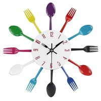 Creative kitchen wall clock featuring a unique cutlery design with fork and spoon hands