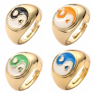 Yin Yang Heart Signet Ring Copper Enamel Adjustable Open Band Oval Colorful Fashion Jewelry For Women Men