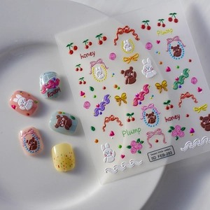 Autocollants ongles relief 5D avec ours, lapins et fleurs aux couleurs douces