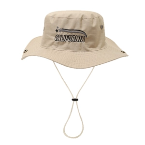 Khaki outdoor sun hat with California embroidery and adjustable windproof string