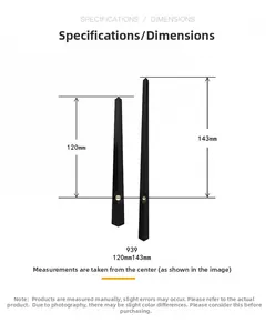 Size chart showing 120mm hour and 143mm minute black metal clock hand dimensions