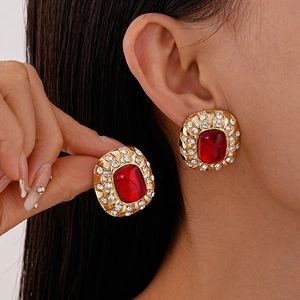 Boucles D'oreilles Puces Style Cour Vintage Avec Pierre En Résine Rouge Strass Alliage Et Tige En Argent Pour Femme