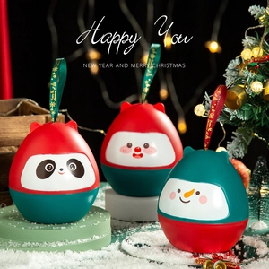 Christmas Apple Packaging Box Cartoon Panda Snowman Design Plastic Roly Poly Desktop Ornament With Ribbon Handle