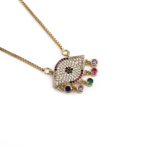 Golden Evil Eye necklace with zircon pavé pendant and colorful hanging gemstones