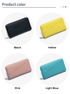 Genuine leather long wallets in black, yellow, pink, and light blue with RFID protection