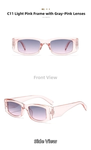 Front and side view of trendy vintage square thick frame sunglasses in light pink