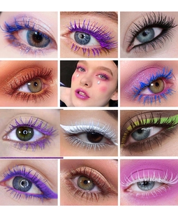 Close-up of vibrant dual-head colorful mascara showing thick and long lashes in various shades