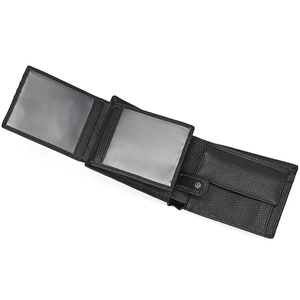 Detail of genuine leather wallet showing dual ID windows and a snap button coin pocket