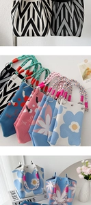 Close-up of knit tote bags with colorful braided handles and elegant woven texture details