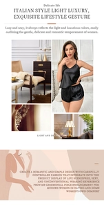 Detail of luxury black satin women's pajamas set with lace straps and silky texture