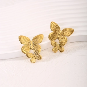 Polished gold stainless steel double butterfly stud earrings set for women