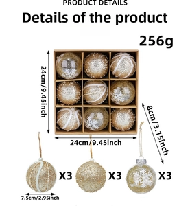 Detailed size chart for Christmas ball set with packaging dimensions and 7.5cm ball diameter