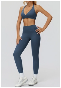 Detail view of the brushed fabric texture on this blue-grey halter neck sports bra set