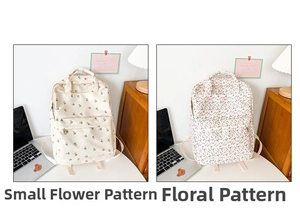 Detail view of floral canvas backpacks showing small flower and dense floral patterns