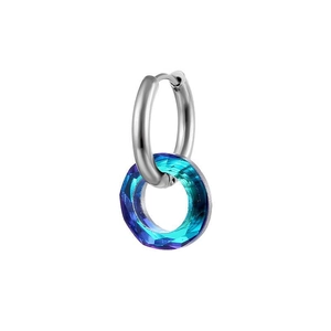 Polished silver stainless steel huggie hoop earrings with faceted blue crystal pendant
