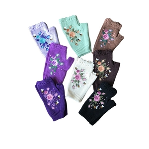 Women's knit fingerless gloves with bee and flower embroidery in various colors