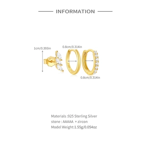 Macro detail of gold S925 sterling silver earring set showing dimensions and zircon specs