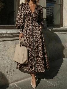 Leopard Print Maxikleid Damen Acetat Satin V Ausschnitt Reißverschluss Vorne Laternenärmel Elegant Herbst Casual Langes Kleid