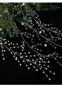 Detailed view of Christmas pearl crystal chain garland with silver wire for tree decoration
