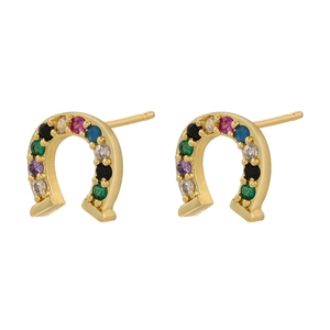Detail of gold horseshoe stud earrings featuring a micro-set multi-color gemstone pattern