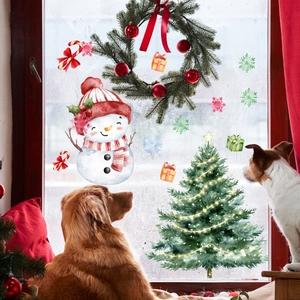 Cozy Christmas window decals set with snowman and pet dogs gazing at festive glass scenes