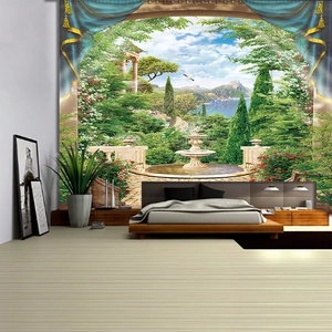 Detail of 3D European garden tapestry with classical fountain and lush landscape decor