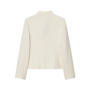 Women's cream white tweed jacket with elegant stand collar and textured fabric detail