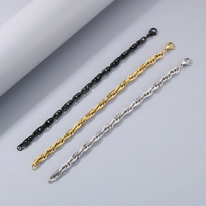 Detailed view of woven metal chains in black, gold and silver finishes on gray base