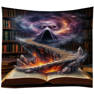 Detail of dark fantasy tapestry featuring an open magic book and mysterious hooded figure